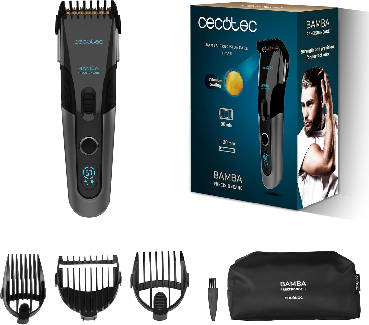 Cecotec - Bamba PrecisionCare - tondeuse 30mm, titane, sans fil, 90min, écran