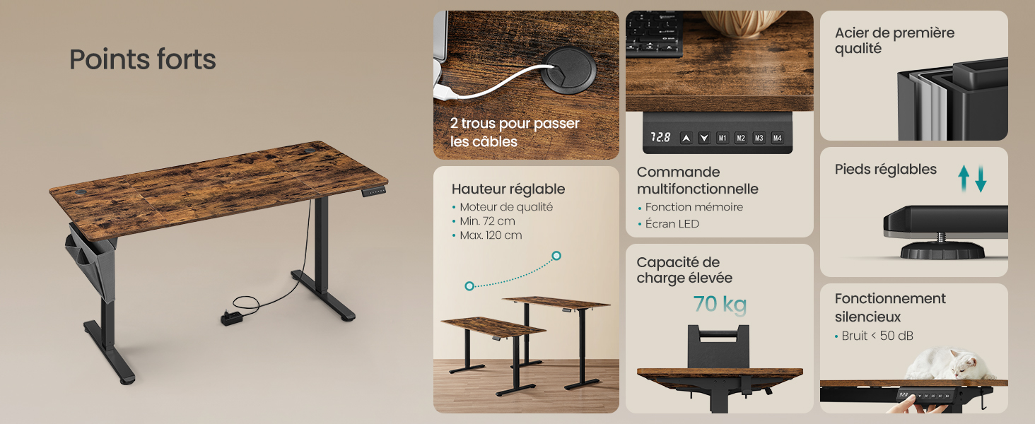 Collection d'images de produits de bureau réglables en hauteur montrant différentes finitions en bois et configurations de bureaux debout avec panneaux de commande