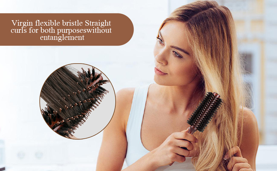 Brosse à cheveux ronde à poils souples pour le démêlage. Gros plan des poils de la brosse illustrés dans un encart circulaire