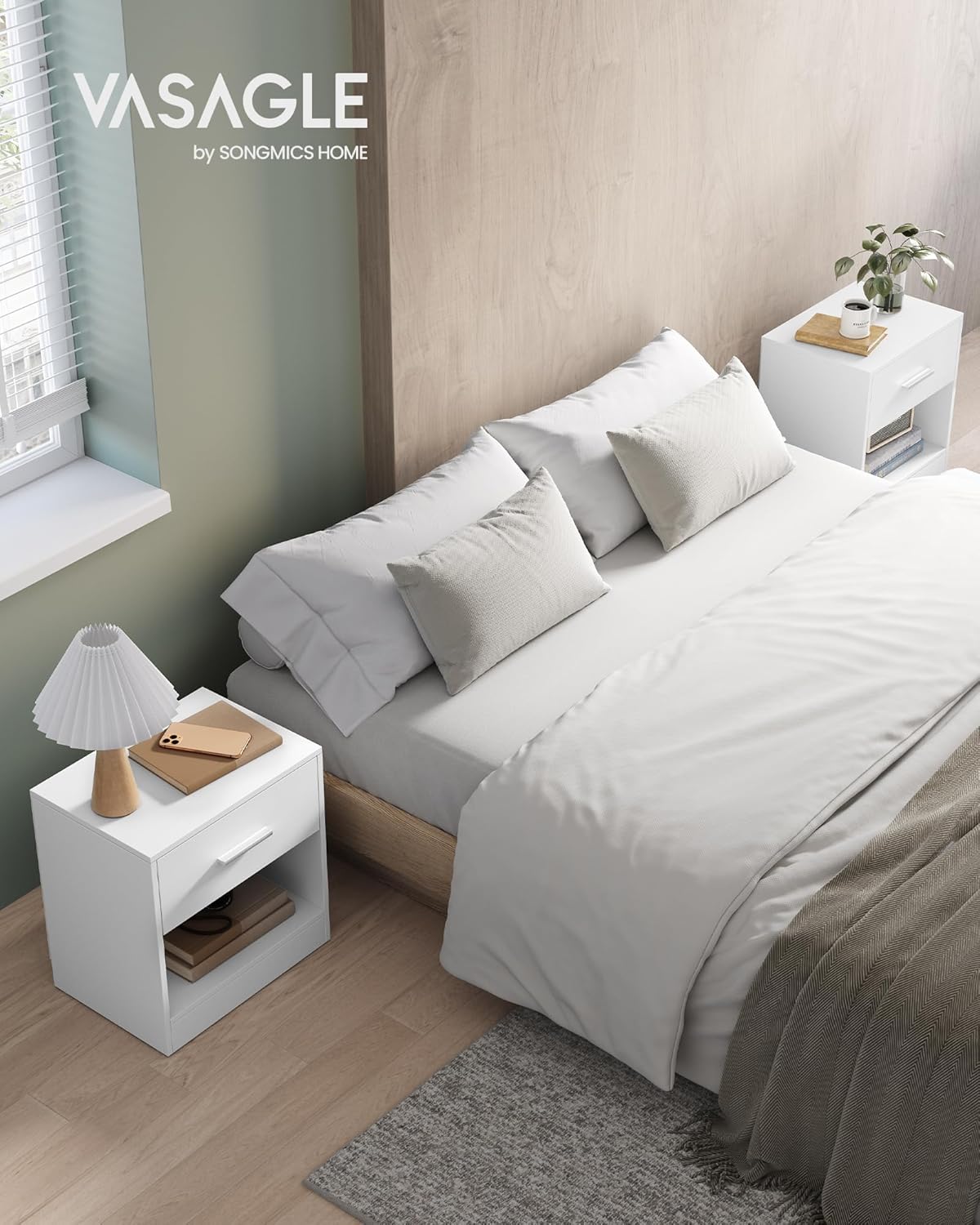 VASAGLE - Table de nuit lot de 2, 45x35x52cm, tiroir, compartiment ouvert, blanc classique, LET819T14