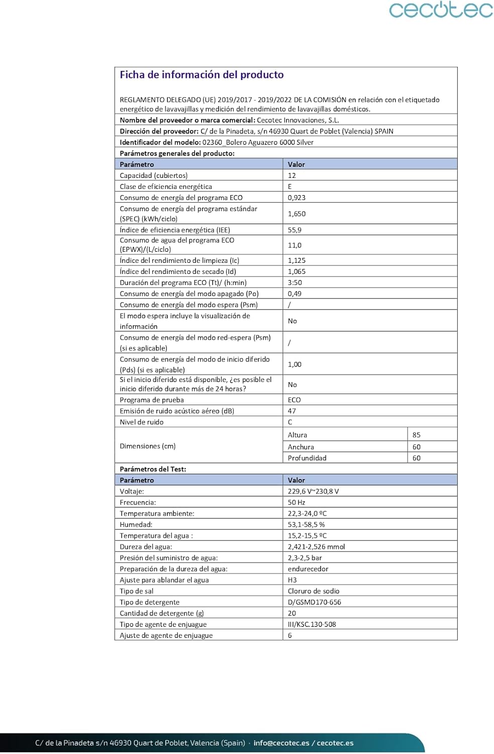 Cecotec - Bolero Aguazero 6000 - 60 cm - 12 couverts, 7 programmes, séchage rapide, eco, filtre ABT 6000