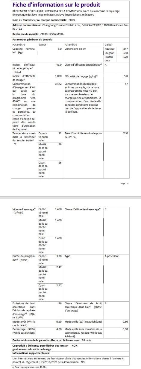 CHiQ - Lave-linge frontal 8 kg, 1400 tr/min, vapeur, IA, CFL80-14586IM3XA