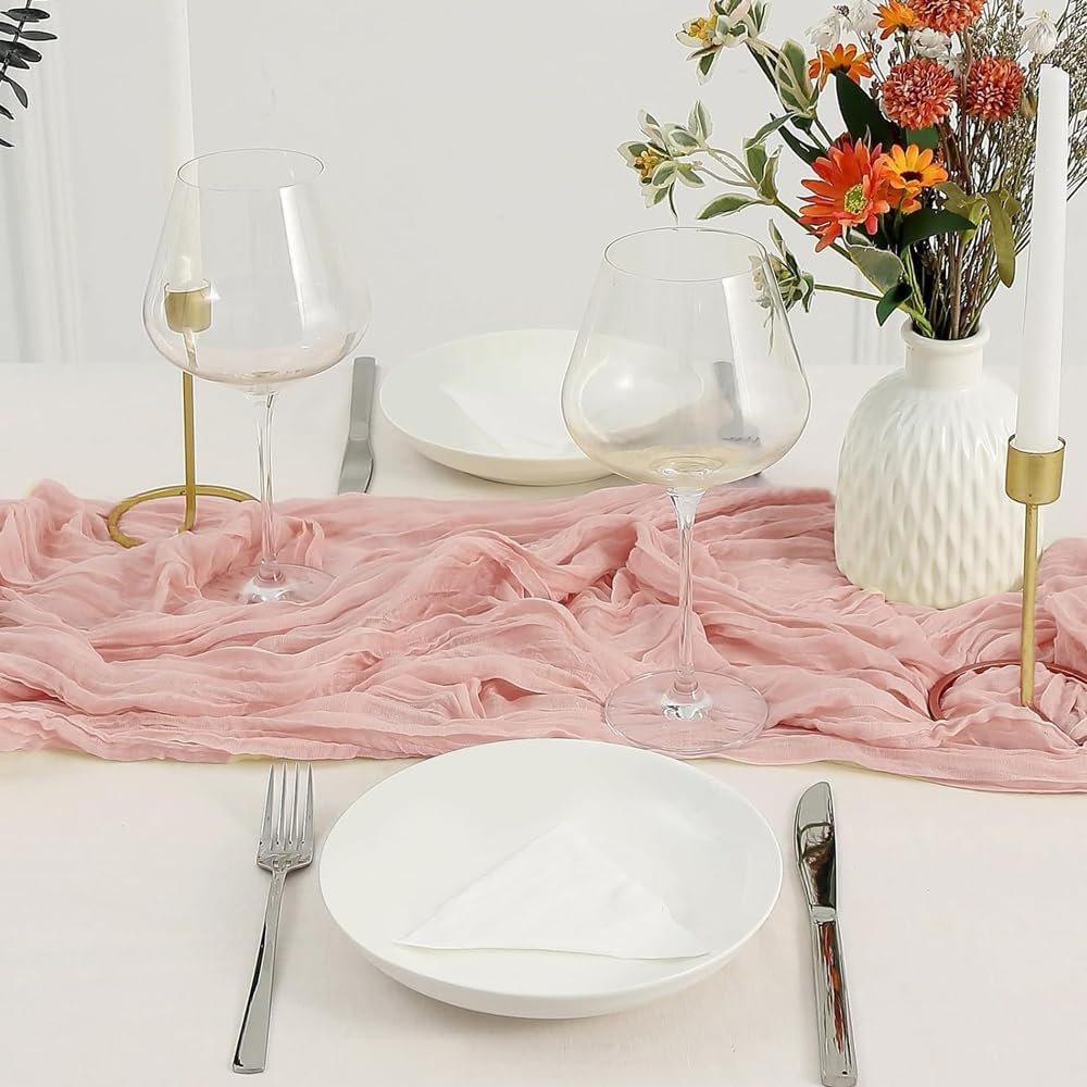 Chemin de table - gaze coton froissée rose 90x300cm style boho rustique