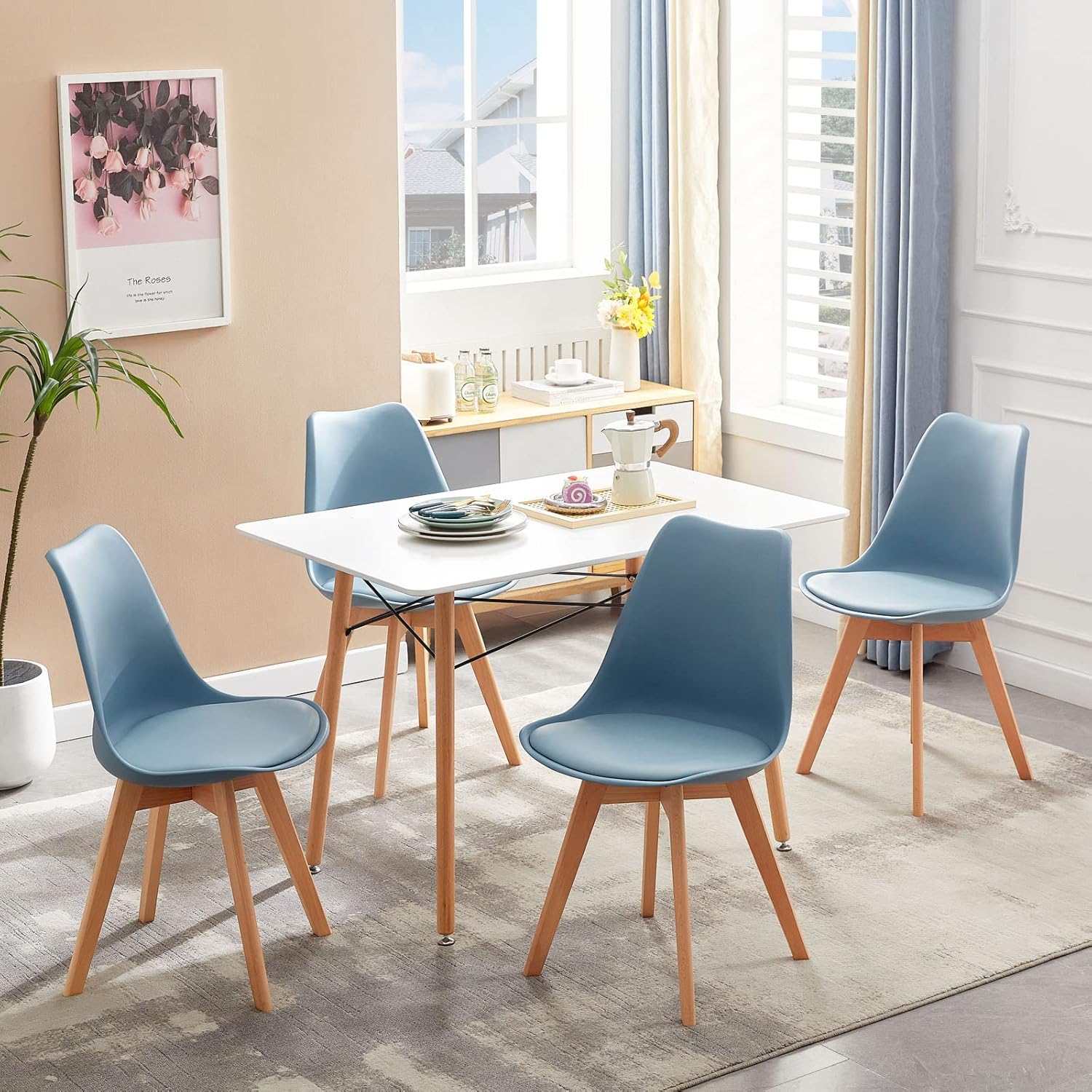 EGGREE - chaises salle à manger lot de 8 - bois hêtre - rembourrées bleues