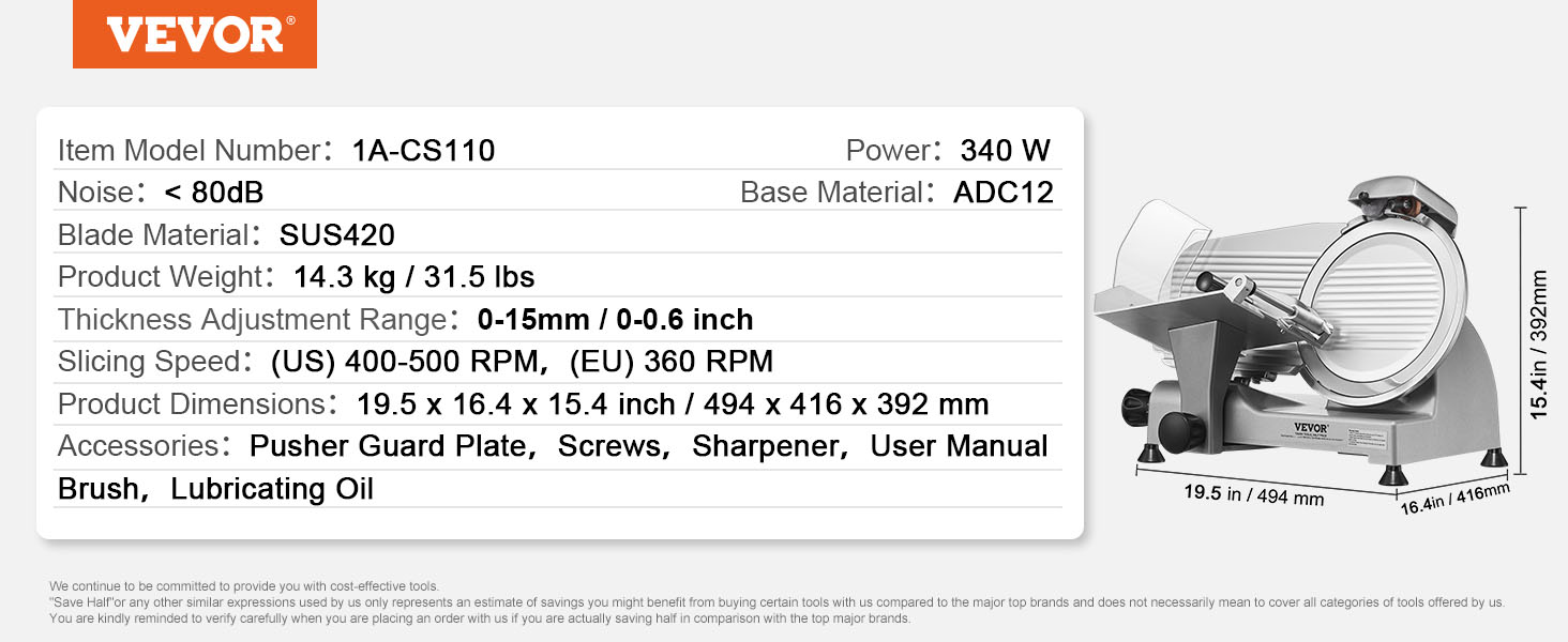 Texte : « VEVOR », « Numéro d'article : YK-CS110 », « Puissance : 350 W ». Schéma des spécifications techniques du produit montrant les mesures et les caractéristiques des équipements industriels.