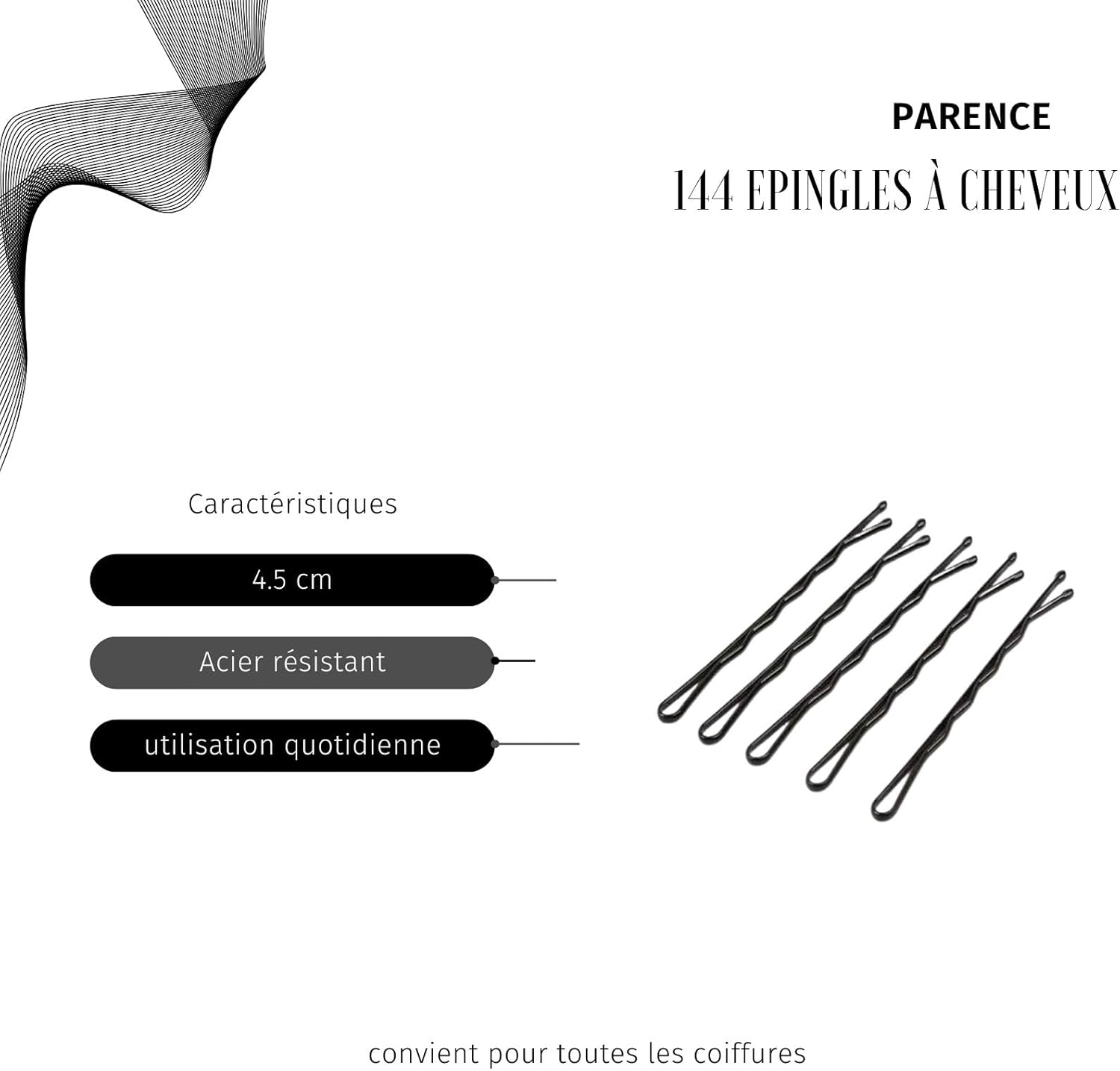 Epingles à cheveux - standard lot de 144 - acier noir - maintien sûr