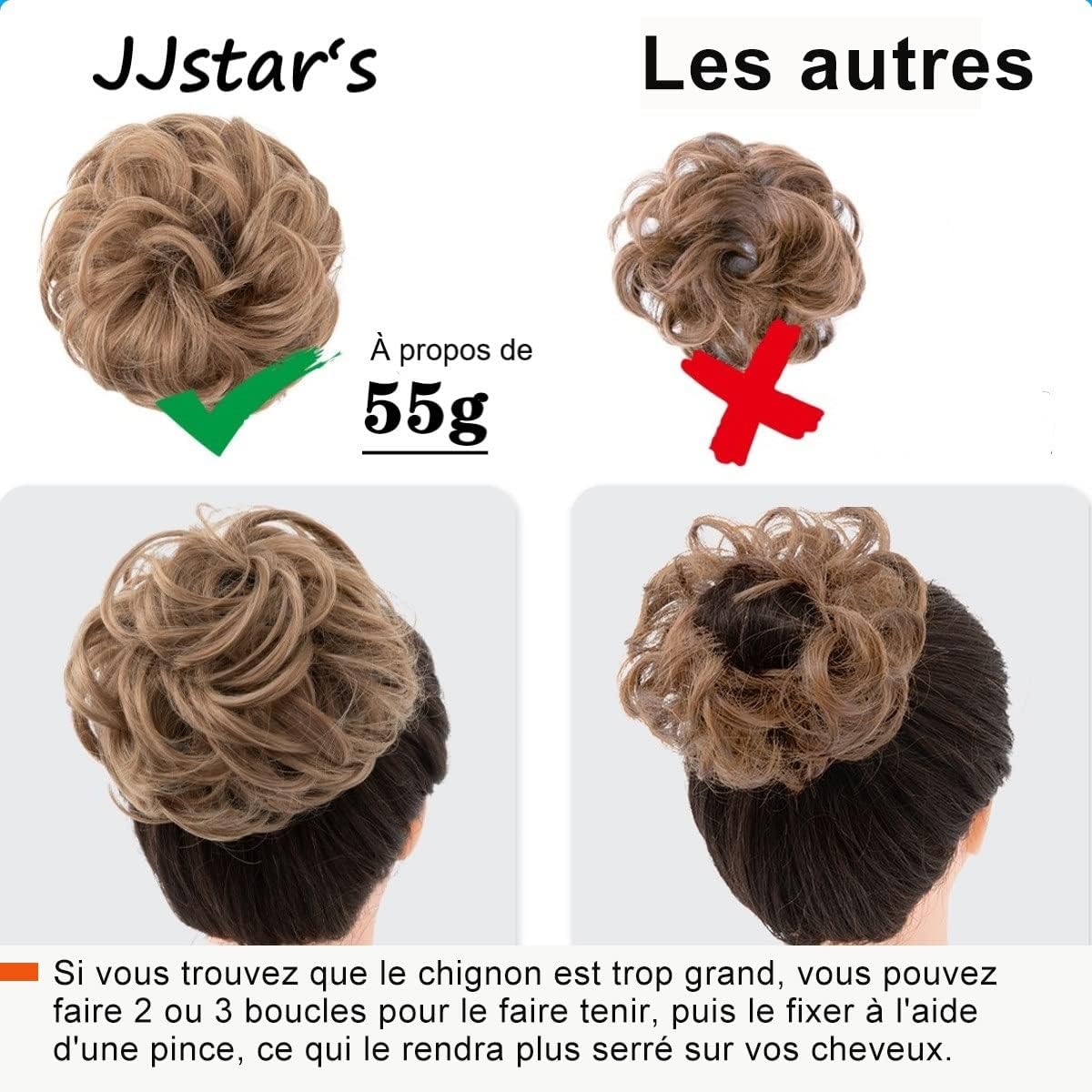 JJstar - Chignon postiche bouclé, élastique, brun & blond miel