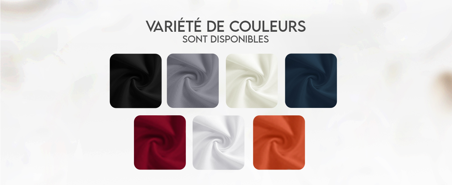 Affichage d'échantillons de couleurs montrant sept échantillons de tissus de différentes couleurs, notamment le noir, le gris, le vert clair, le bleu marine, le bordeaux, le blanc et l'orange