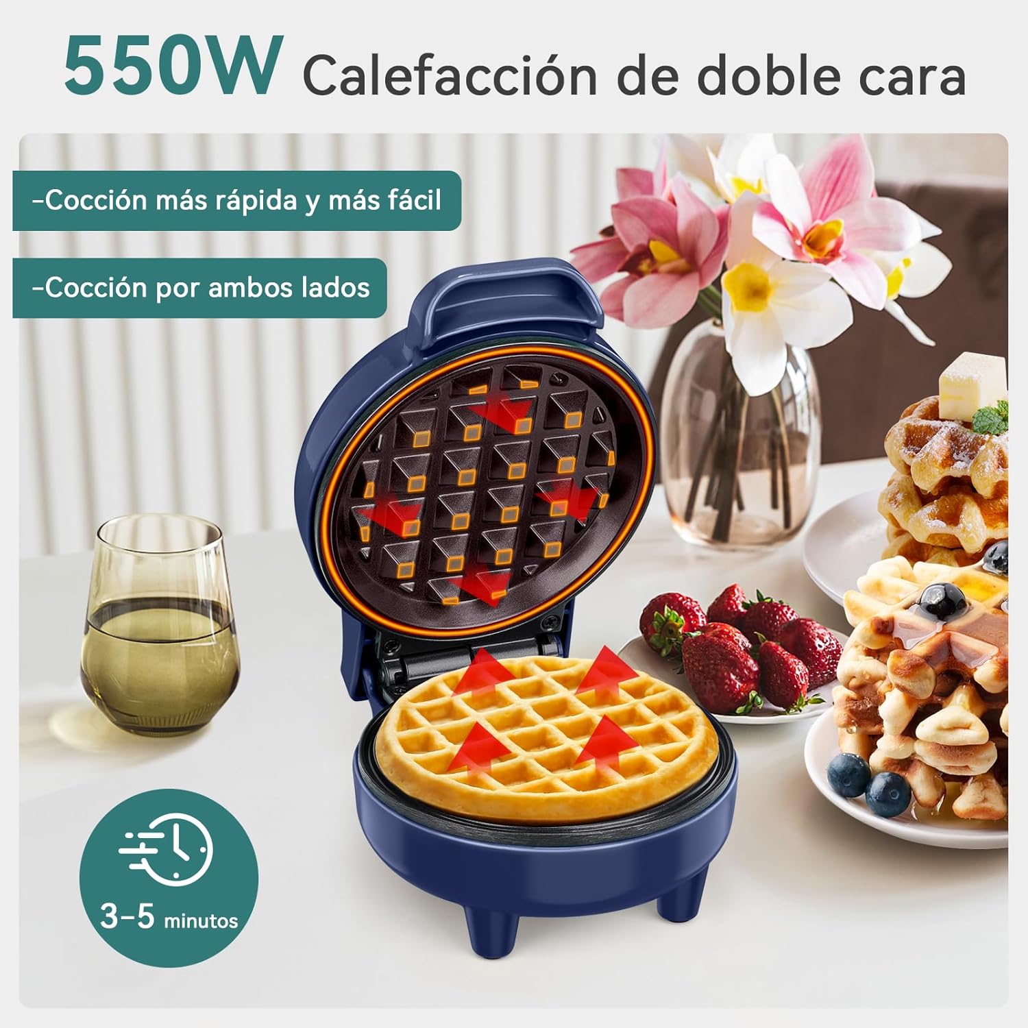 SNAILAR – Mini gaufrier compact, 550W, bleu, design mignon