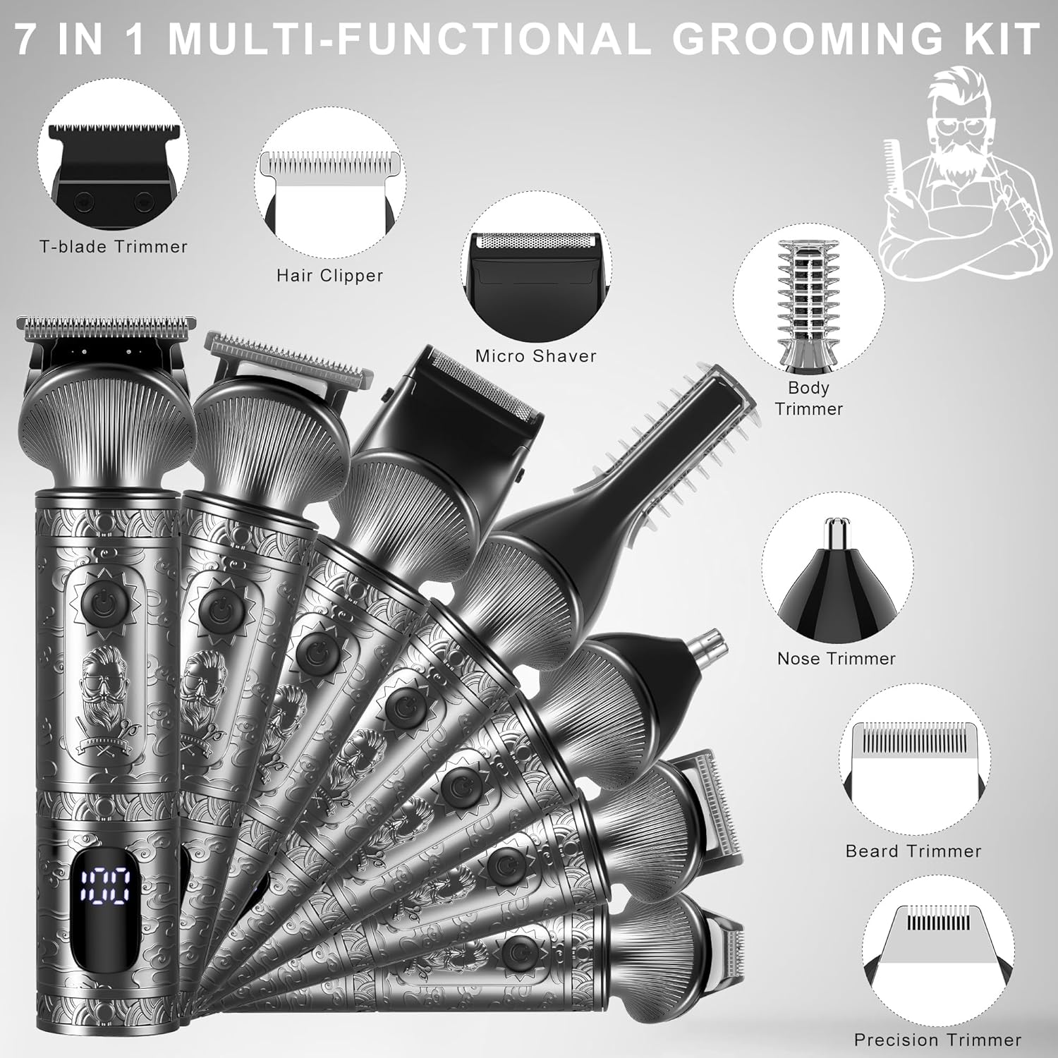 Surker – Tondeuse Barbe 7 en 1 – Lame T, coupe 0 mm, précision, gris