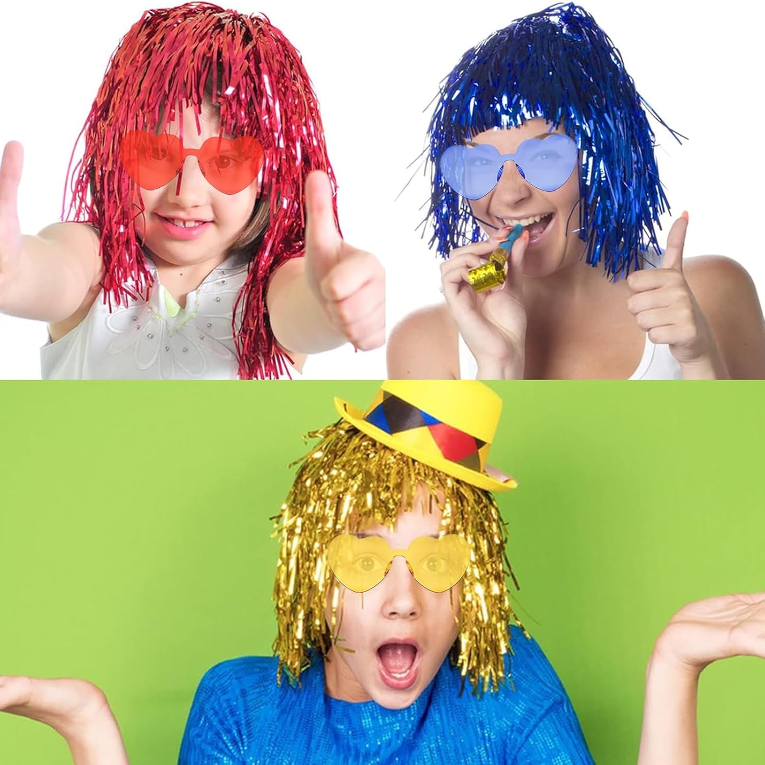Perruque métallique - 6pcs brillantes - accessoires fête colorés - lunettes néon incluses