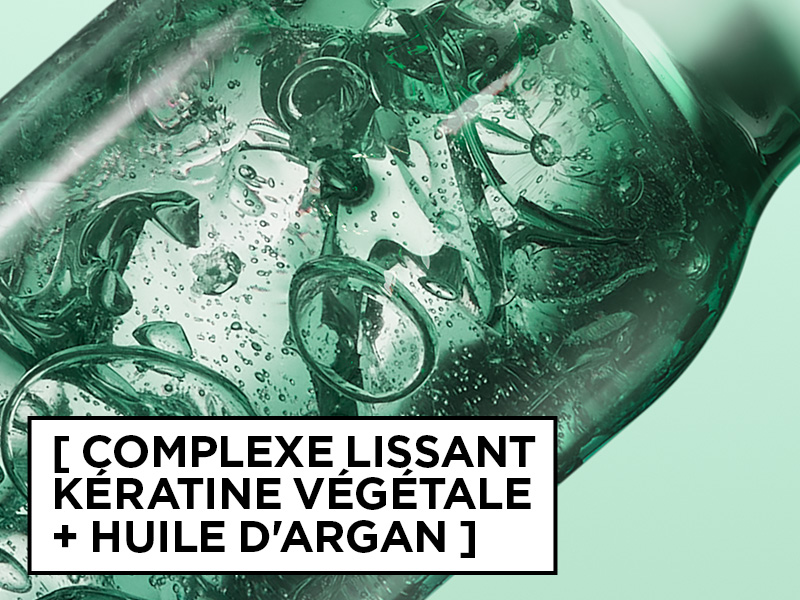 Le texte indique « COMPLEXE LISSANT KERATINE VEGETALE + HUILE D'ARGAN » sur l'imagerie marketing des produits teintée en vert.
