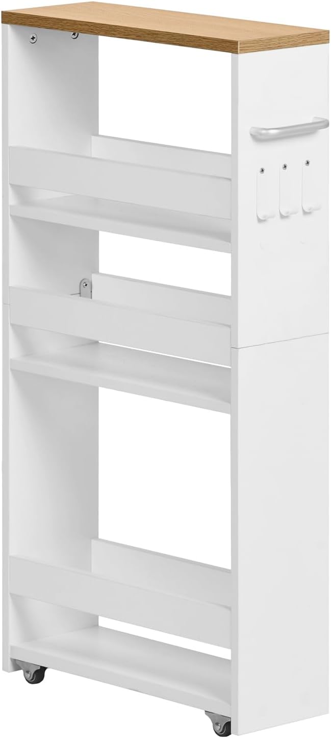 Desserte à roulettes - 4 niveaux, 40x15x80 cm, chêne clair & blanc, poignée et roulettes