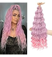Longue extension de cheveux synthétiques ondulés de couleurs rose ombré, montrant à la fois un exemple stylisé et un faisceau lâche avec un motif ondulé profond passant du rose clair au rose foncé.