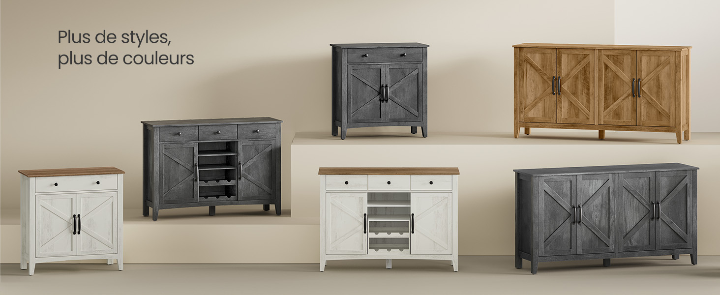 Collection d'armoires de rangement en bois de différents styles et couleurs. Comprend des finitions en bois blanc, gris et naturel avec différentes configurations de portes et de tiroirs.