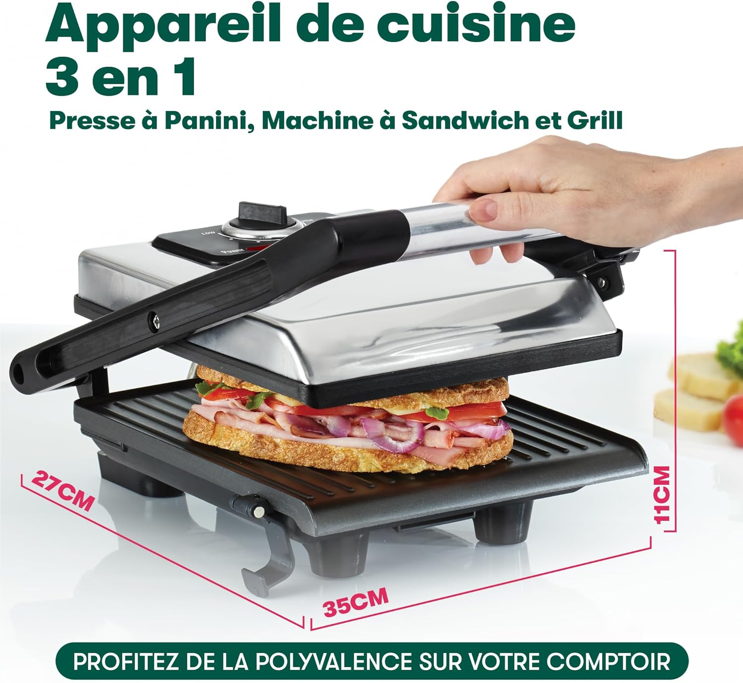 Bella - presse à panini inox 1400W, plaques antiadhésives, couvercle réglable