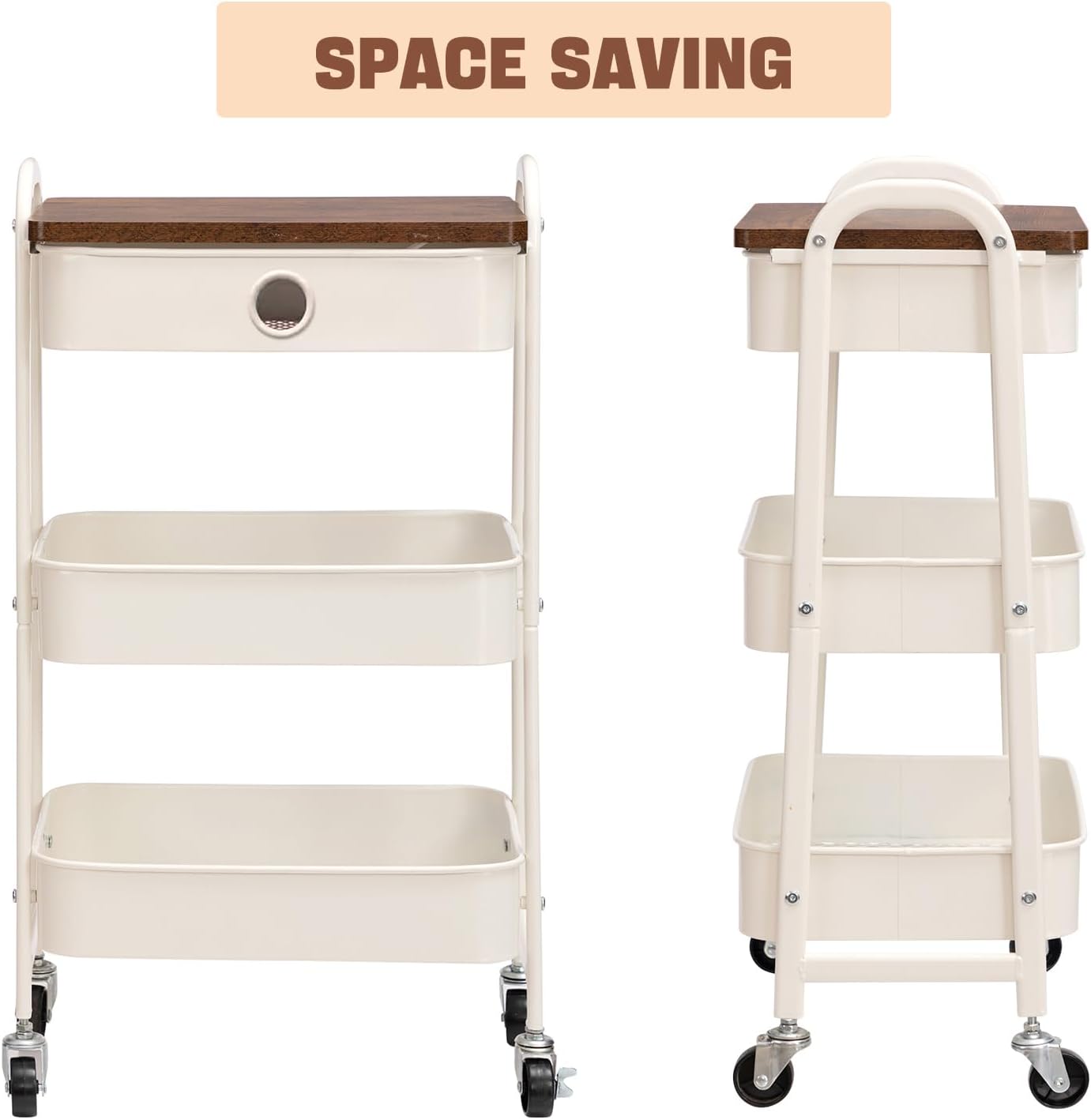 DOEWORKS - chariot rangement 3 niveaux, métal, tiroir, blanc, compact