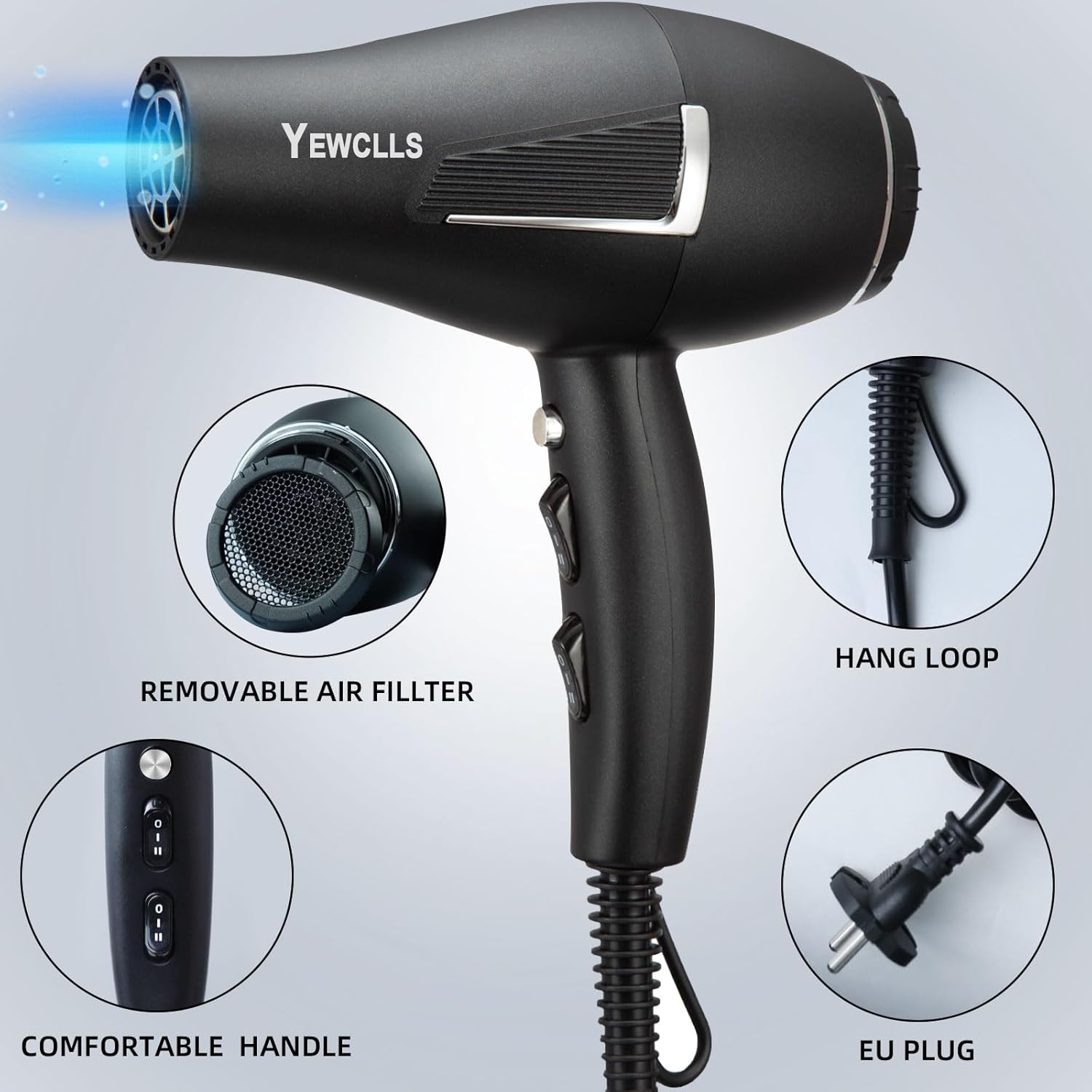 Sèche-cheveux ionique - 2100W - 2 concentrateurs, 4 peignes, diffuseur, bouton froid, Séchage rapide