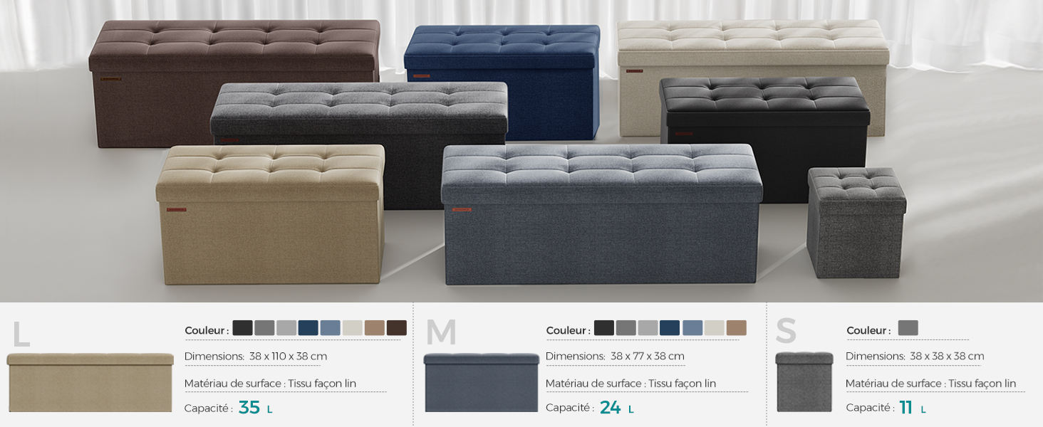 Collection de poufs de rangement rectangulaires de différentes tailles et couleurs, notamment le marron, le bleu, le noir, le beige et le gris. Dessus capitonnés et revêtement en tissu visibles.