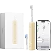 Ensemble de brosses à dents électroniques modernes de couleur crème, comprenant une unité de brosse, une base de chargement, une interface d'application mobile sur smartphone et des têtes de rechange sur fond blanc.