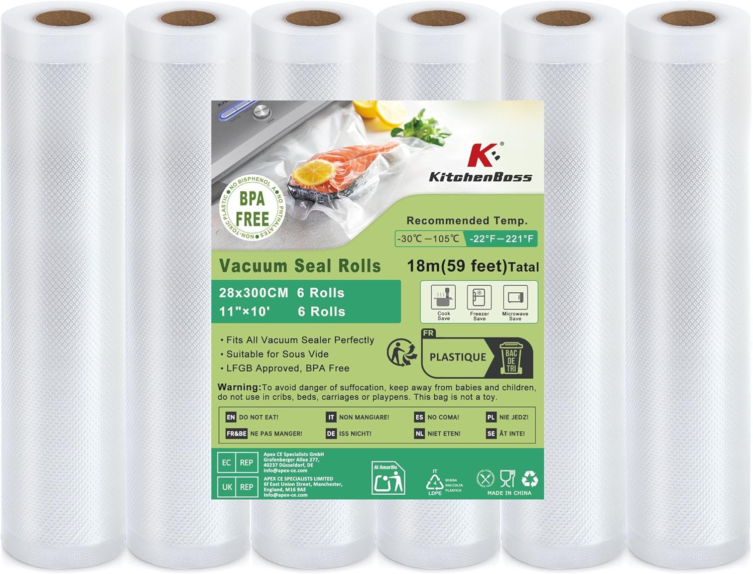 KitchenBoss - rouleaux sous vide série alimentaire - 28x300cm - lot de 6, compatibles cuisson