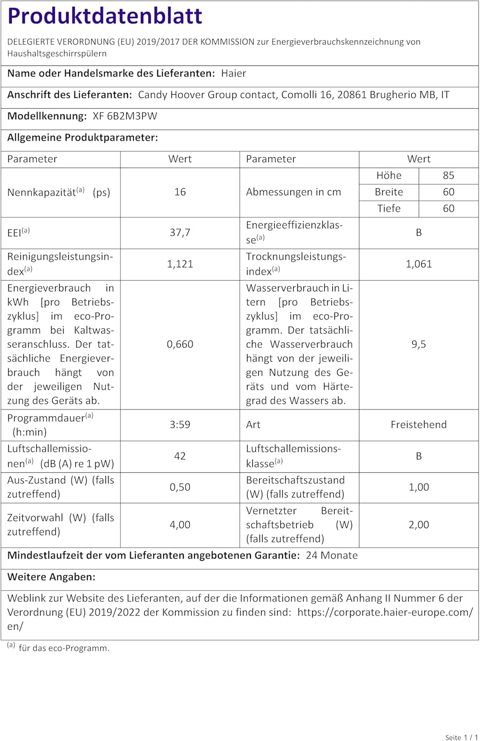 Haier - lave-vaisselle série XF - 60 cm - 15 couverts, 7 programmes - XF 6B2M3PW