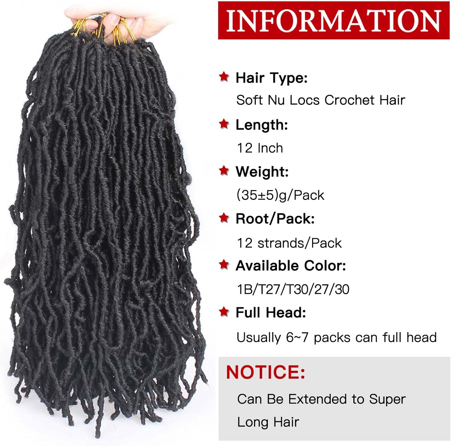 Xtrend - Faux Locs Goddess - 12 pouces - 6 packs, pré-bouclés, synthétiques, 1B#