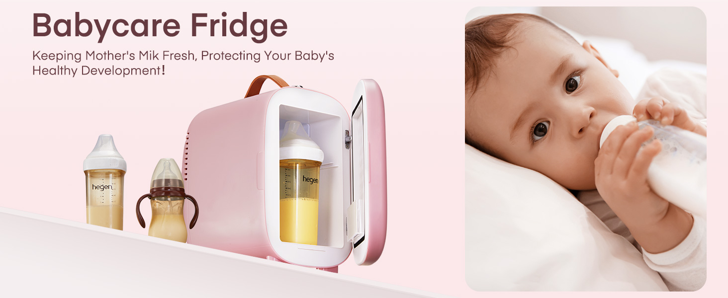 étiqueté « Réfrigérateur Babycare ». Conçu pour conserver le lait maternel et le lait maternisé. L'image montre l'intérieur du réfrigérateur et un bébé boit au biberon.