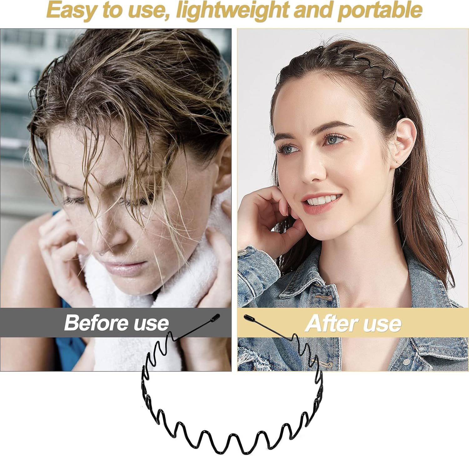 Serre-tête homme - bandeau métal noir - lot de 3 - antidérapant, ondulé