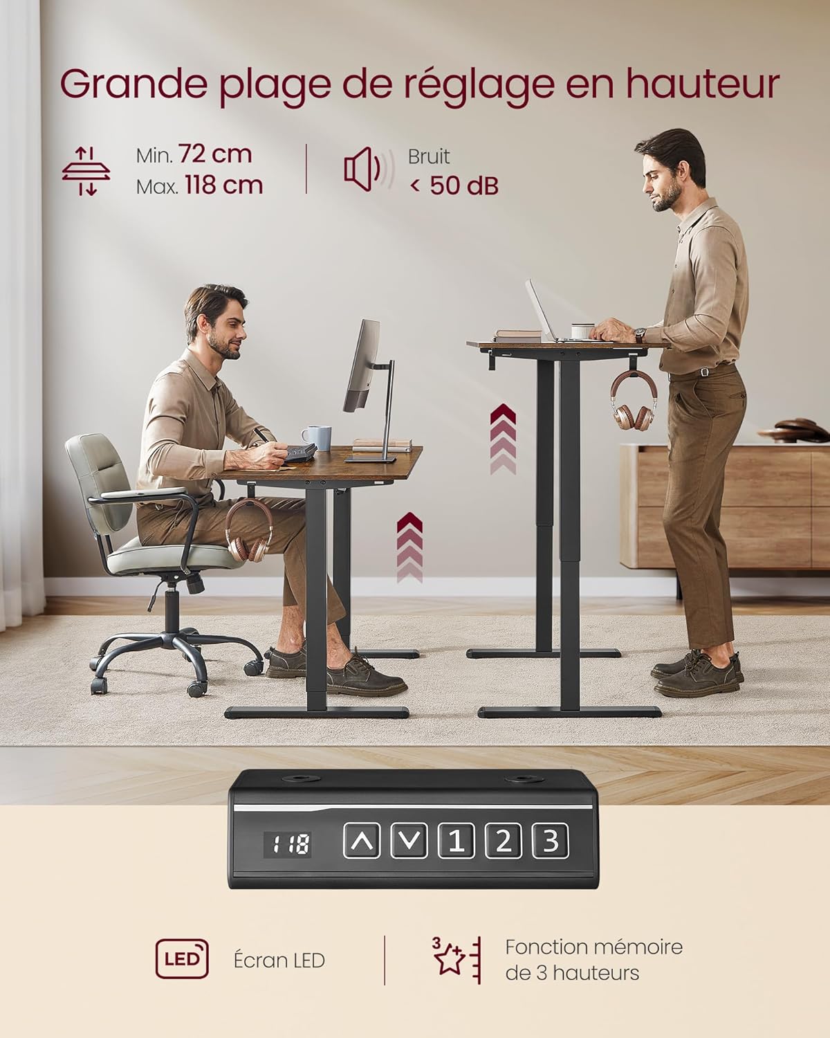 VASAGLE - cadre de bureau assis-debout acier, mémoire 3 hauteurs, 2 crochets, dimensions personnalisables, LSD021B01V2