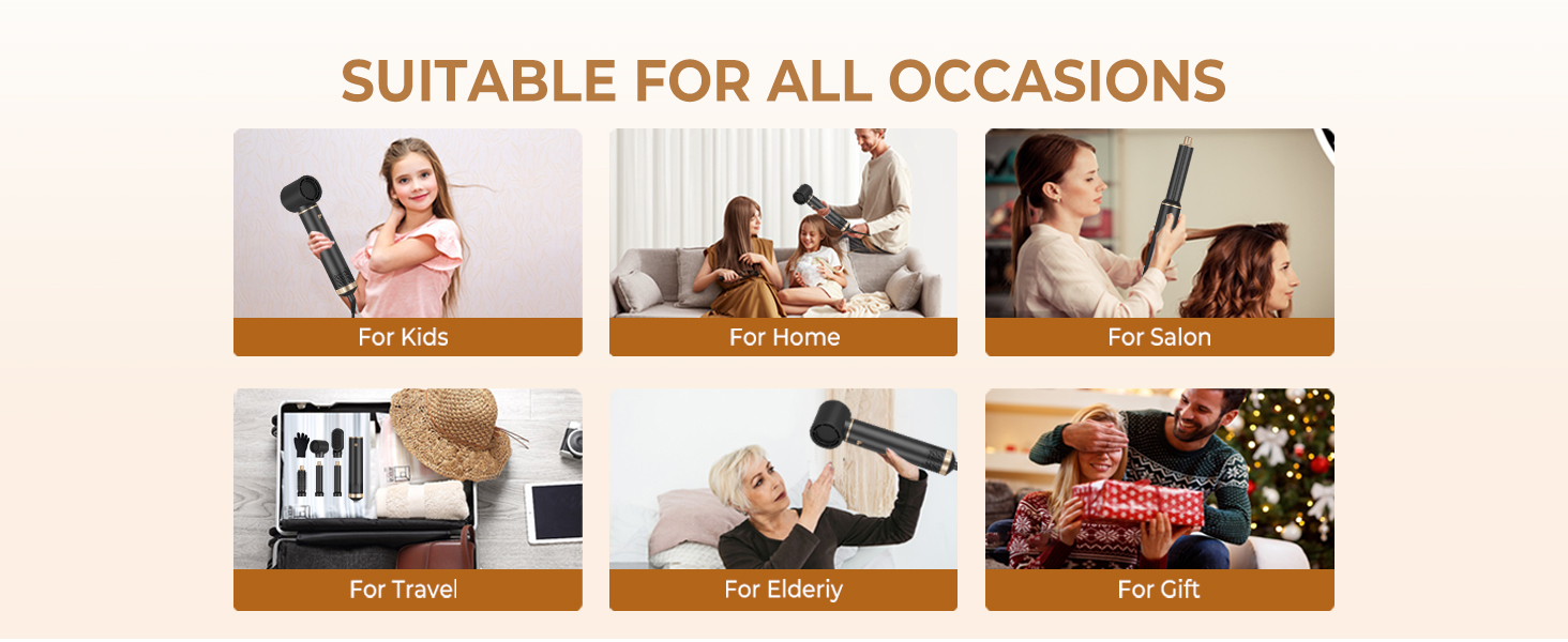 Collage de six images présentant un appareil portatif dans différents contextes : enfants, maison, salon, voyage, utilisation pour personnes âgées et cadeau. Le texte indique « Convient à toutes les occasions