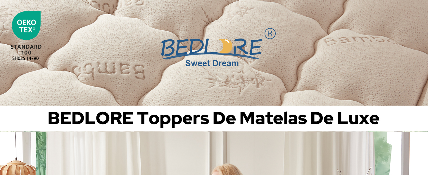 Le texte indique « BEDLORE Toppers De Matelas De Luxe ». Vue rapprochée de la surface d'un surmatelas matelassé présentant un motif de couture détaillé et une texture moelleuse.