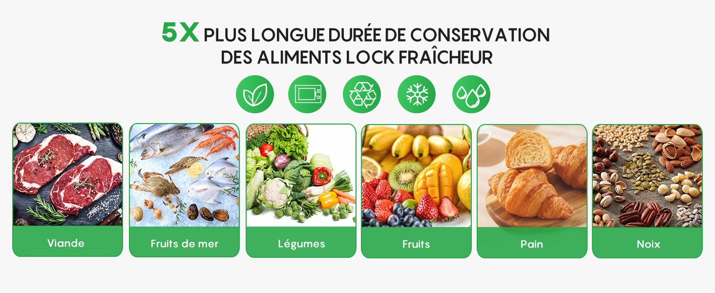Le texte indique « 5X PLUS LONGUE DURÉE DE CONSERVATION ». Illustration de conservation des aliments montrant différents types d'aliments avec des icônes vertes, notamment des légumes, de la viande, des fruits et des plats préparés.
