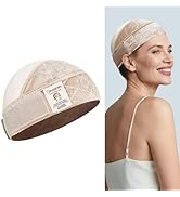 Plusieurs vues d'un casque de protection de couleur beige, montrant différents angles et positions d'usure grâce à des bandes élastiques.