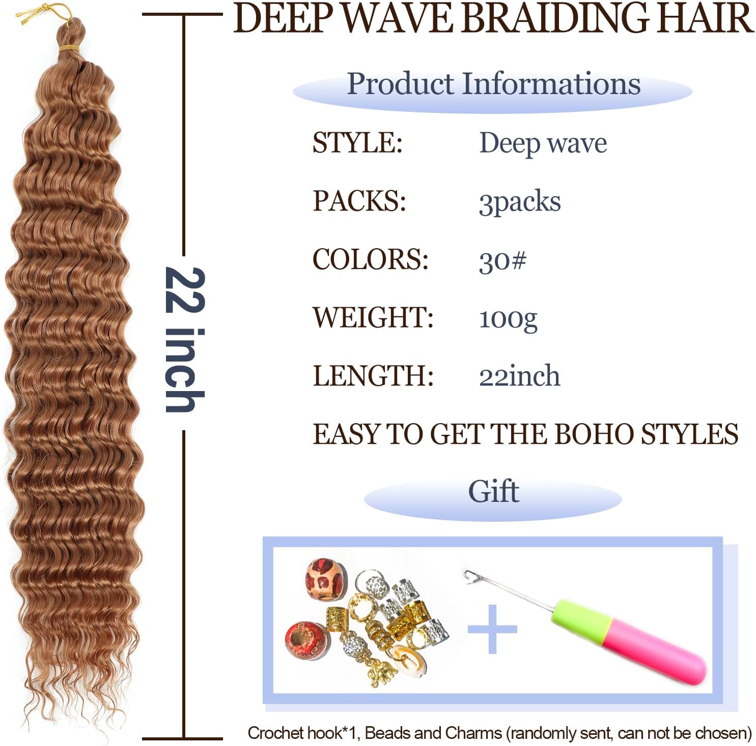 Extensions cheveux synthétiques - Deep Wave - 22 pouces, lot de 3, boucles douces, couleur 30#