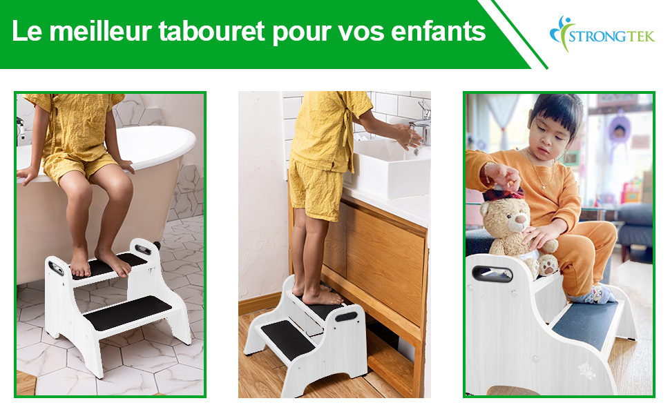 pour enfants. Trois panneaux indiquent son utilisation : toilettes, lavabo et siège. Le texte indique que c'est le meilleur tabouret pour les enfants.