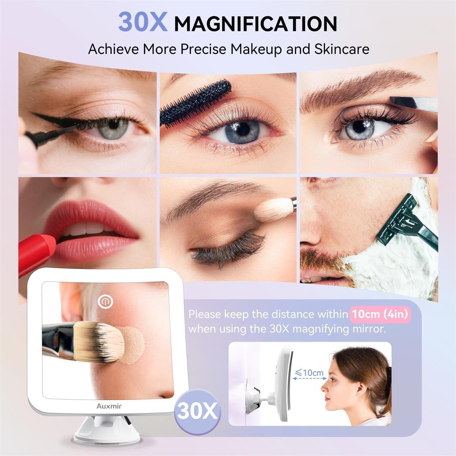 Auxmir - miroir grossissant 30X - 2000mAh - 40 LEDs tactile, ventouse 360°
