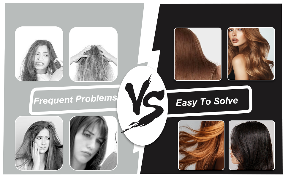 montrant les « problèmes fréquents » liés aux photos de cheveux abîmés par rapport à des « problèmes faciles à résoudre » avec