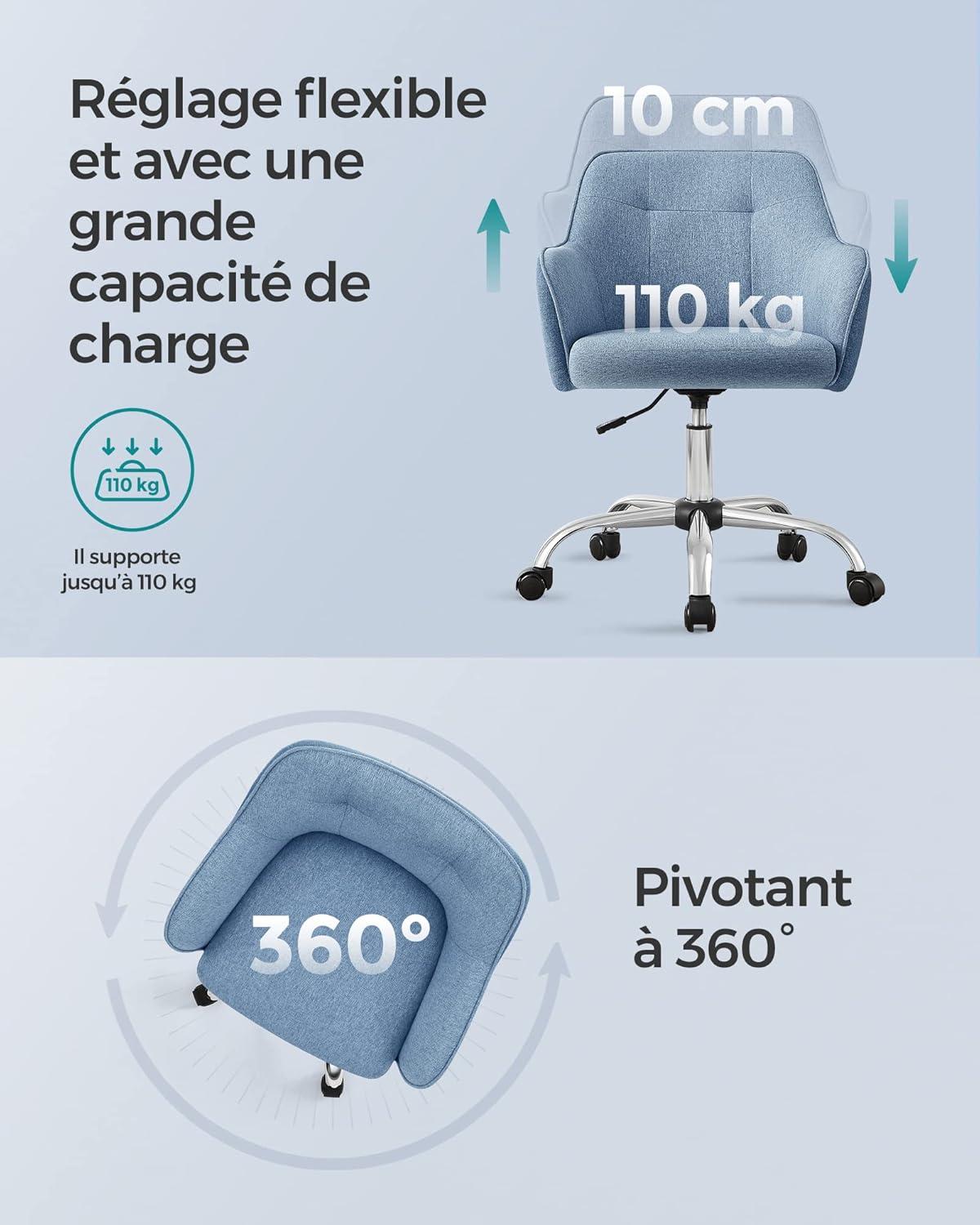 SONGMICS - fauteuil de bureau ergonomique, cadre acier, tissu coton-lin, bleu, réglable, 110kg - OBG019Q01