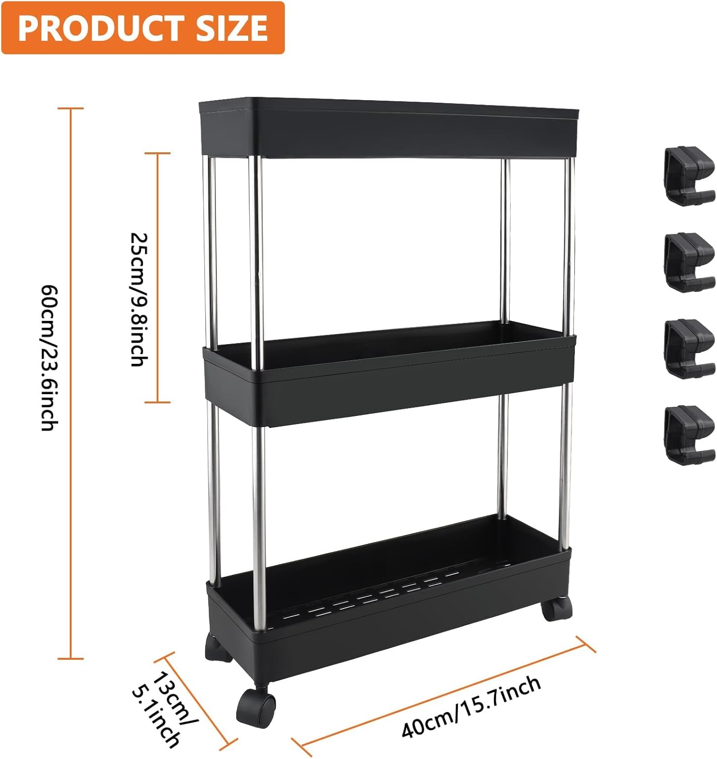 Chariot de rangement 3 niveaux - mobile - étagère à roulettes - usage bureau/maison - noir