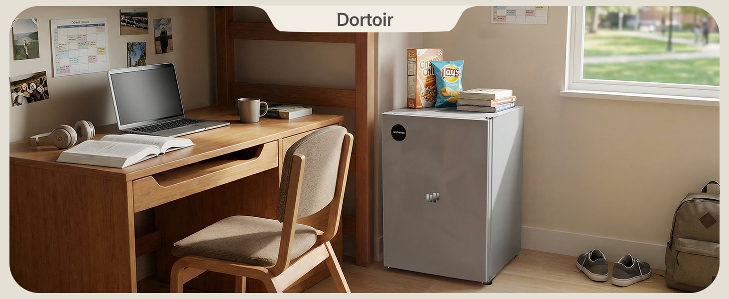 Configuration de bureau à domicile montrant un bureau avec chaise et ce qui semble être un équipement électronique ou une imprimante dans un coin de la pièce.