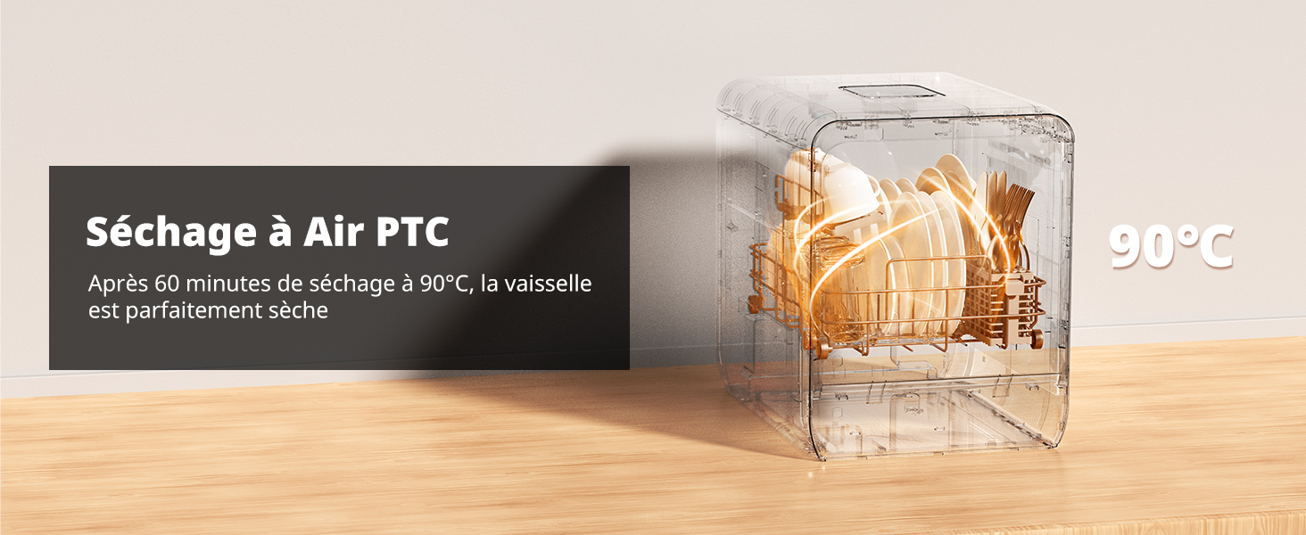 Récipient en verre ou transparent contenant des aliments secs avec un texte indiquant la technologie de séchage à l'air PTC à 90 °C