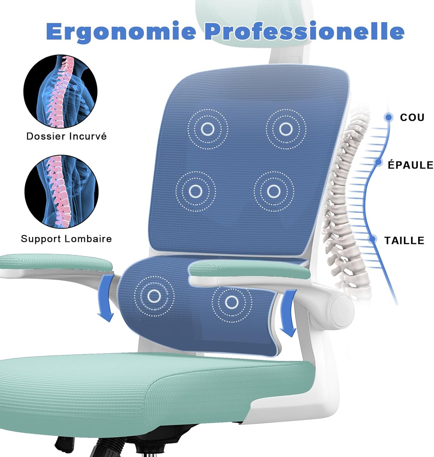 Chaise de bureau ergonomique - support lombaire réglable - dossier, appui-tête ajustables, accoudoirs réversibles, maill