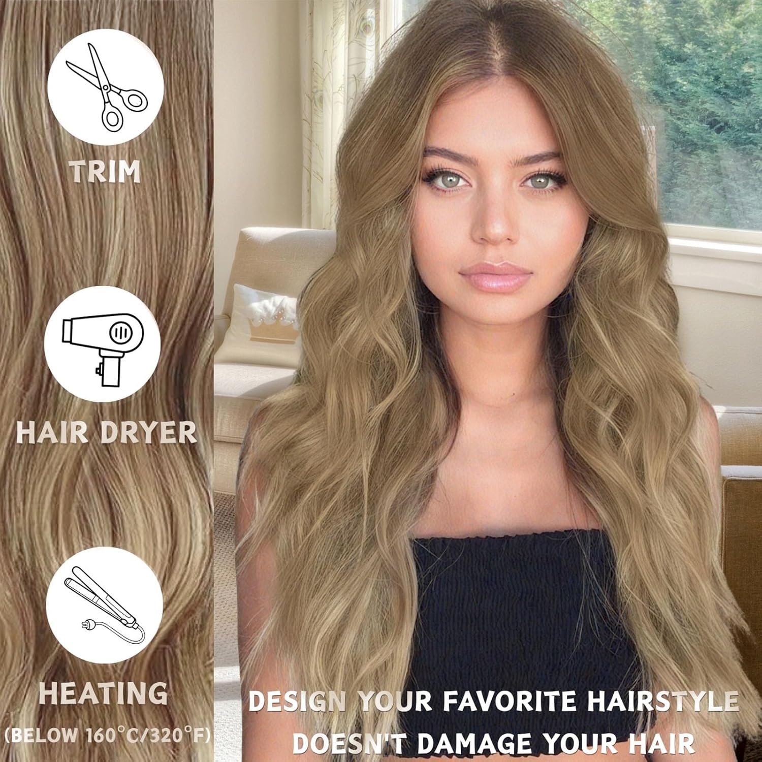 Perruque longue ondulée femme 68cm, synthétique, centre, blonde