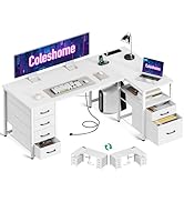 Coleshome Bureau d'angle avec Tiroirs en Tissu, 140x80cm Réversible Bureau en L avec Tiroir Class...