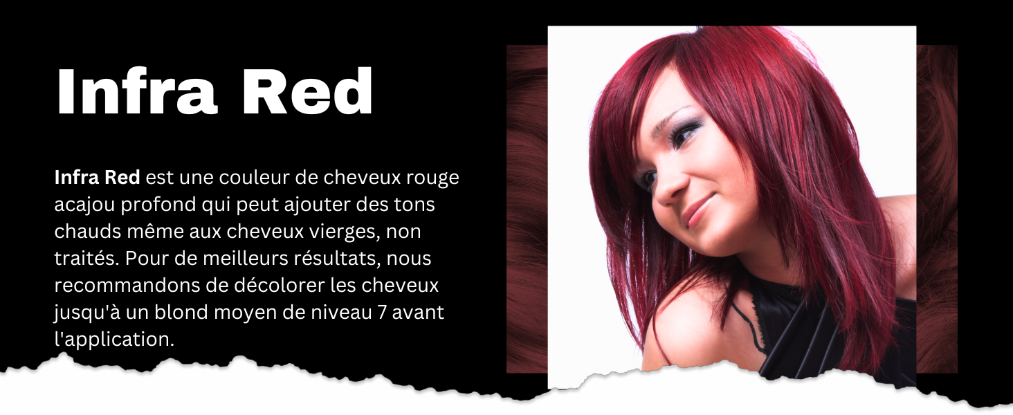 Femme aux cheveux roux éclatants coiffée en couches longues et élégantes. Le panneau de texte explique la couleur des cheveux « rouge infrarouge » et recommande un pré-éclaircissement