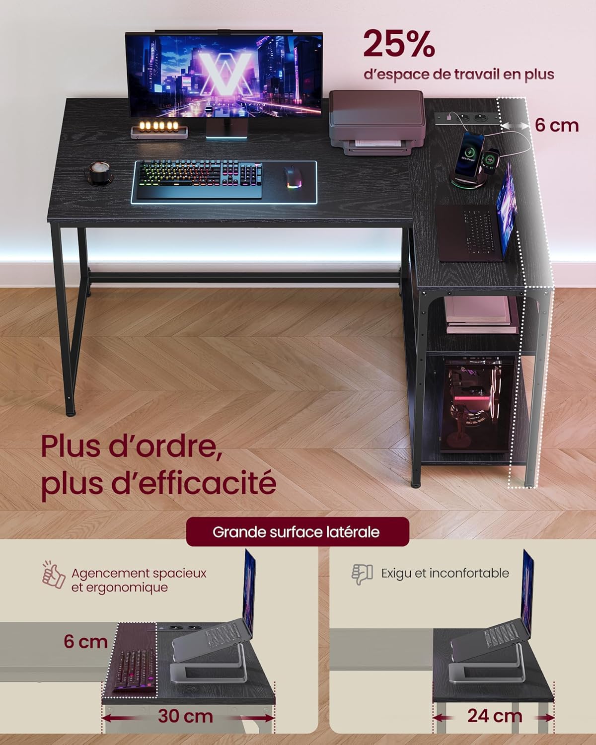 VASAGLE - Bureau L Gaming - 120x80 cm - rangement, prises USB - LWD132BE01