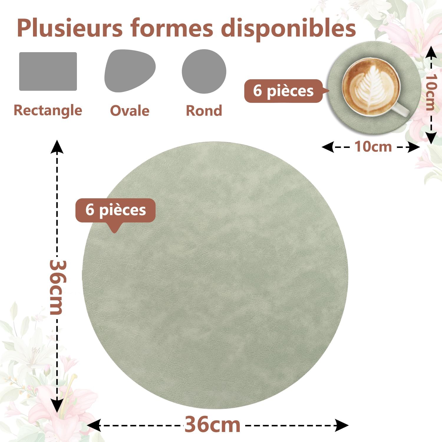 Set de table - lot 6 rond double face 36x36cm lavable antidérapant