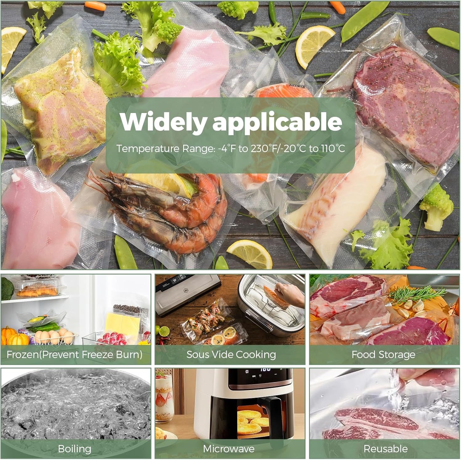 Sac Sous Vide Alimentaire - sachets gaufrés 20x30cm, sans BPA, pack 100