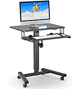 avec structure en métal noir et surface foncée. Comprend une plate-forme réglable en hauteur, un plateau de clavier rétractable et quatre roulettes